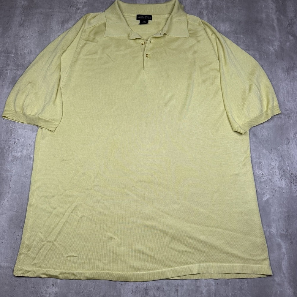 Anthology 100% Silk Knit Polo Shirt Mens 2XL Yellow Short Sleeve Preppy Casual